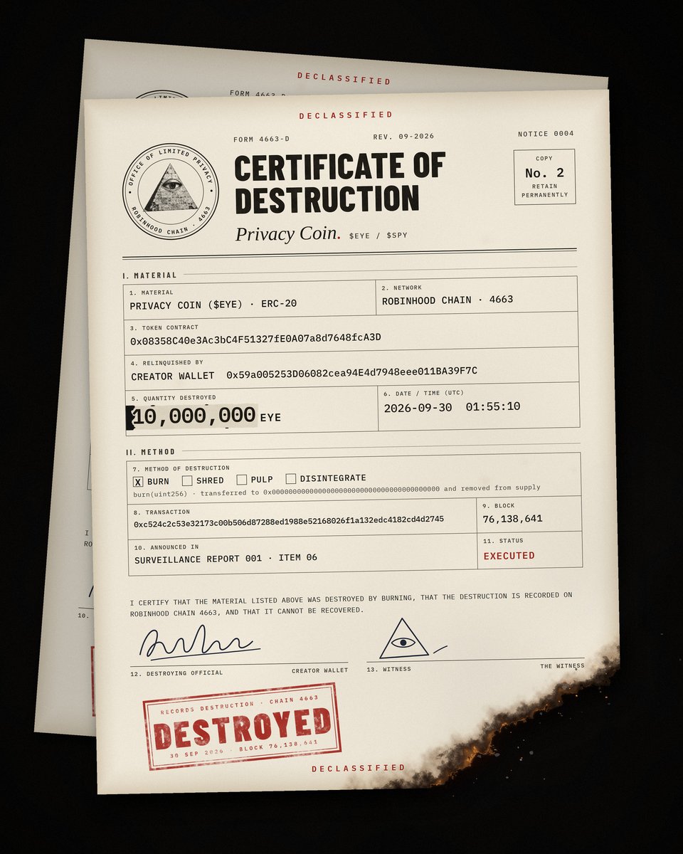 PrivacyRH's tweet photo. NOTICE 0004 ◬
CERTIFICATE OF DESTRUCTION · No. 2

the redacted number above: 10,000,000 $EYE.
burned by the creator wallet tonight, on schedule.

supply: 980M → 970M
burned to date: 30M (3%)
creator: 45.0M (disclosed)

https://t.co/VrqTbayTxN

nothing leaves the incinerator. https://t.co/DtiqPtwOXy