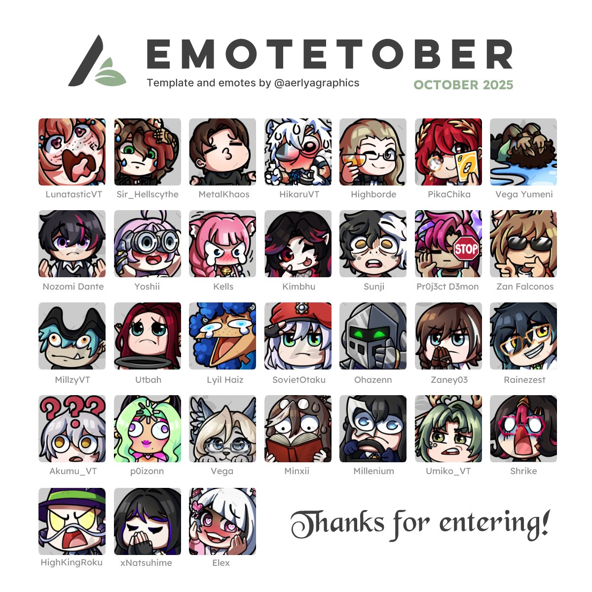 AerlyaGraphics's tweet photo. October approaches so I'll be doing another round of Emotetober for 2026! I'll be posting reminder posts to select new people every week  starting Oct 1st! 

If you're interested in trying your luck to get a free emote, pls comment your ref and tell me what emote you'd like! https://t.co/lViLUruQXY