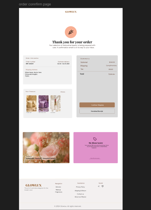 SusmitaKahar's tweet photo. A Little Confirmation, A Lot of Glow ✨
Working on the Order Confirmation page for my Glowlux beauty e-commerce website.
#WebDesign #UIDesign #EcommerceUX #BeautyWebsite #Figma #WebDesigner #DesignProcess https://t.co/QOmP2DIQPe
