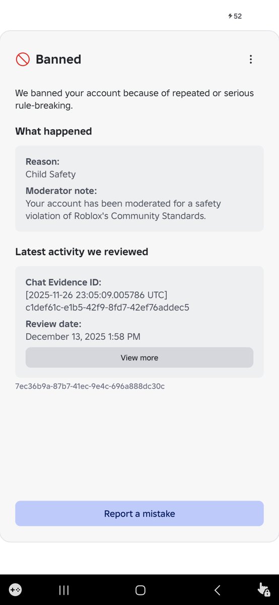 iconsumepizza's tweet photo. instead of fixing their shitty ai moderation and admitting their mistake they change the harmful content/behvaior bans to child safety💔 #Roblox @Roblox @DavidBaszucki just fix moderation dawg its not that hard there are THOUSANDS getting hit by the false bans everyday https://t.co/zMnyGIRSxX