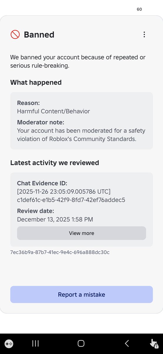 iconsumepizza's tweet photo. instead of fixing their shitty ai moderation and admitting their mistake they change the harmful content/behvaior bans to child safety💔 #Roblox @Roblox @DavidBaszucki just fix moderation dawg its not that hard there are THOUSANDS getting hit by the false bans everyday https://t.co/zMnyGIRSxX