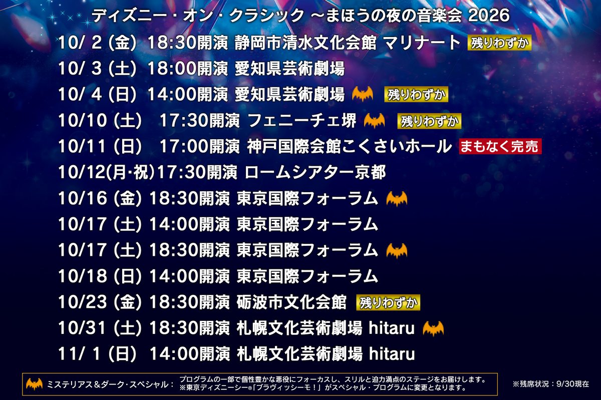 onClassicDisney's tweet photo. #ディズニーオンクラシック
まほうの夜の音楽会 2026

今週末は静岡・愛知公演🗻🍤

【当日券情報】
■10/2（金）静岡市清水文化会館マリナート 大ホール
（17:30開場／18:30開演）
販売席種：S席・A席・SS席
17:30より会場エントランスロビーにて販売！
※お支払いは現金のみとなります。

■10/3（土）愛知県芸術劇場 大ホール
（17:00開場／18:00開演）
販売席種：S席・A席・S席(注釈付)・A席(注釈付）
17:00より当日券売場にて販売！
※お支払いは現金、クレジット等

■10/4（日）愛知県芸術劇場 大ホール
（13:00開場／14:00開演）
👻ミステリアス＆ダーク・スペシャル🎃
販売席種：S席(注釈付)・A席(注釈付）
13:00より当日券売場にて販売！
※お支払いは現金、クレジット等

▼オフィシャルサイト▼
https://t.co/6fyRyaNDaT