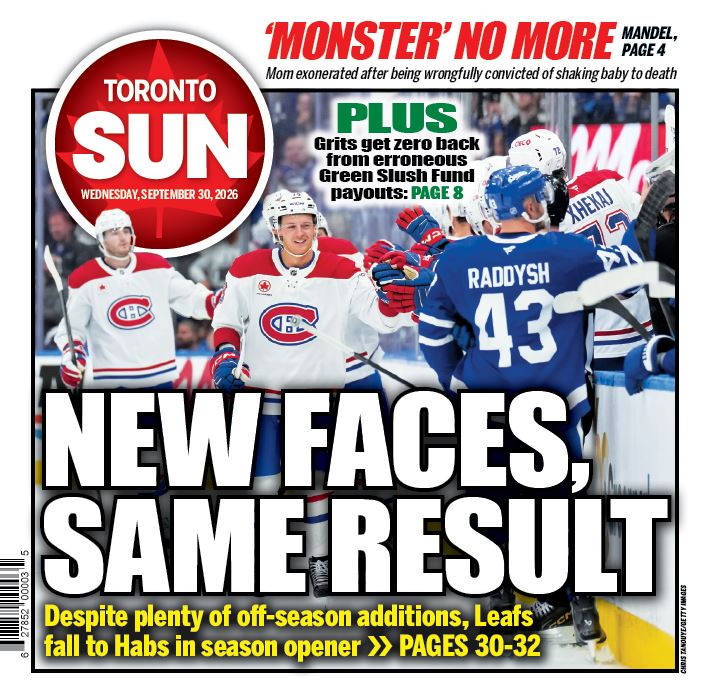 TheTorontoSun's tweet photo. NEW FACES, SAME RESULT: Despite plenty of off-season additions, Leafs fall to Habs in season opener.

Check out our front page for Wednesday, Sept. 30, 2026.

More from @sunhornby here: https://t.co/D9kGih0EaX https://t.co/Qkse22mQ0J