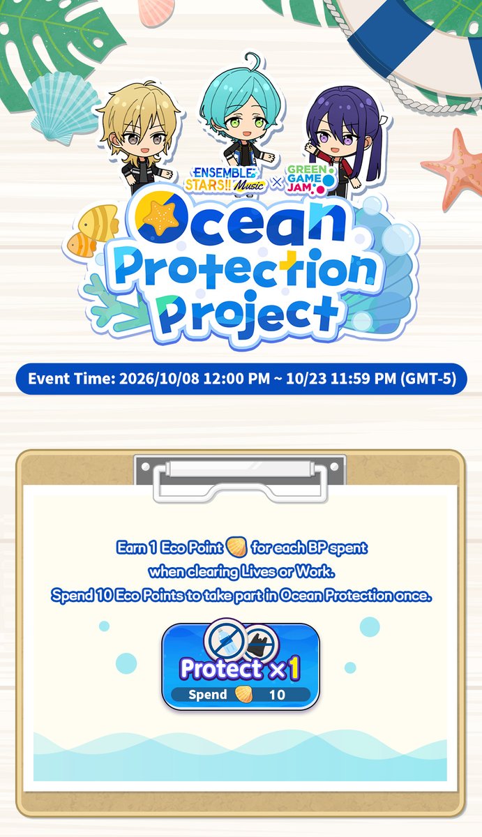 enstarsmusic_EN's tweet photo. Ensemble Stars!! Music × GREEN GAME JAM
Ocean Protection Project is starting on 10/08 12:00 PM (GMT-5)!

Ensemble Stars!! Music joins Green Game Jam 2026! Let's help protect our oceans and our blue planet together with idols and Producers around the world!

Check the in-game notice and images below for more details!