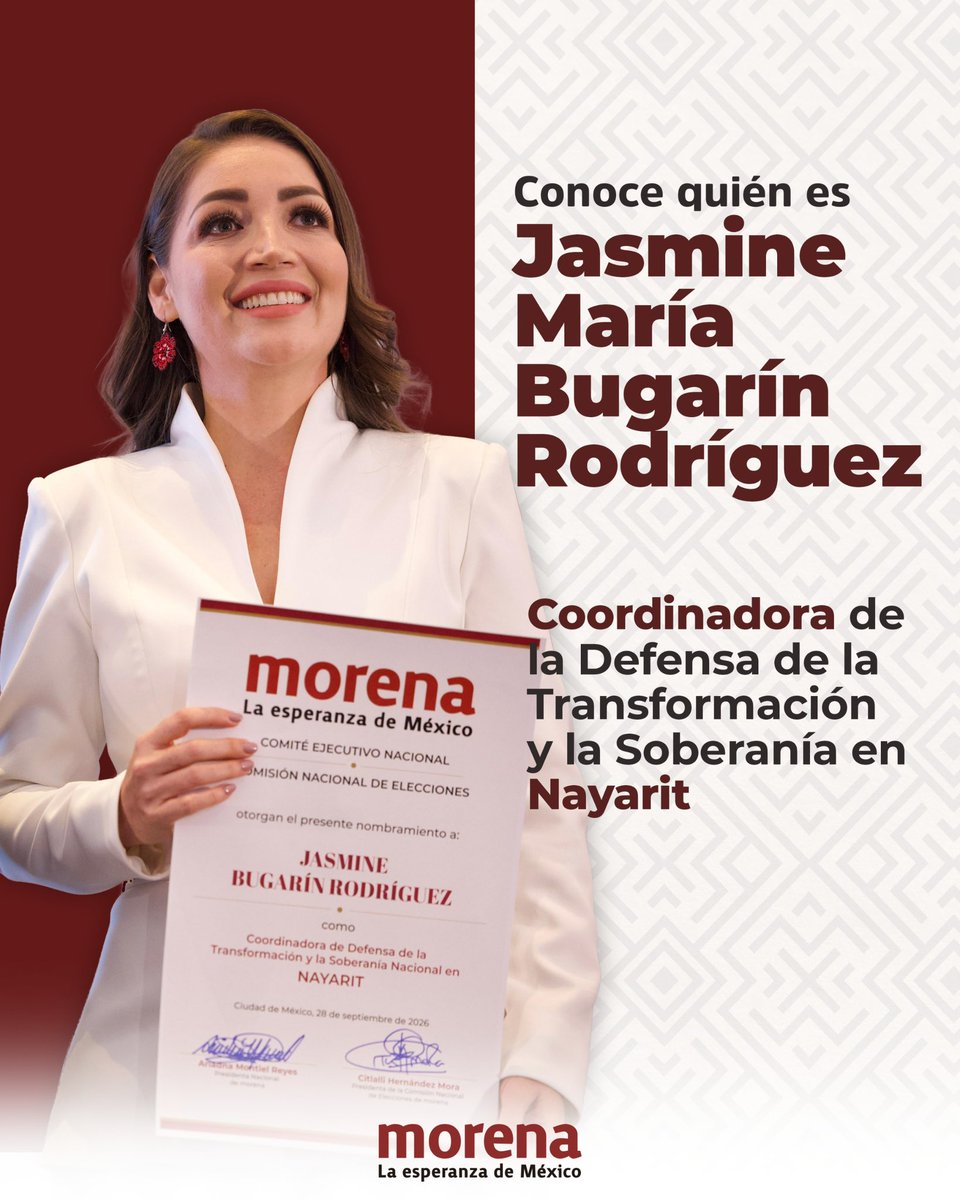 PartidoMorenaMx's tweet photo. Te invitamos a conocer la trayectoria de @JasminBugarin, designada por el pueblo como Coordinadora de la Defensa de la Transformación en Nayarit.

¡El futuro de Nayarit se construye de la mano del pueblo! https://t.co/HGTtdUcG7t