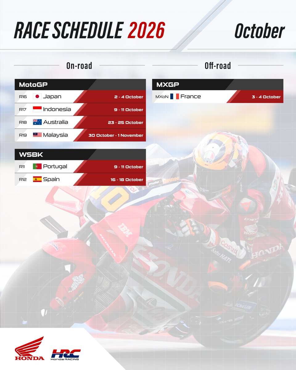 HondaMoto_HRC's tweet photo. The final push of the MotoGP season is here, and WSBK is heading into its season finale!
Find HRC motorcycle racing schedule for October🗓️
Don't forget to push the save button and keep yourself reminded🔔

#Honda https://t.co/k9sejBs8RY
