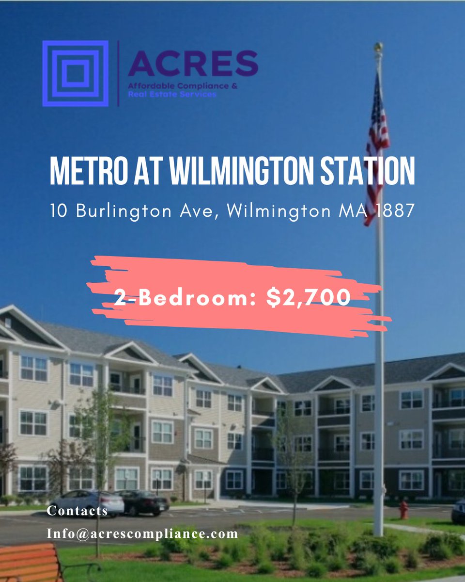 acrescompliance's tweet photo. Metro at Wilmington Station
10 Burlington Ave, Wilmington, MA 01887

2-Bedroom: $2,700

Request an application: https://t.co/EXidUliJ2P

Learn More: https://t.co/llRghe2tGW https://t.co/wI1jQkCSKF