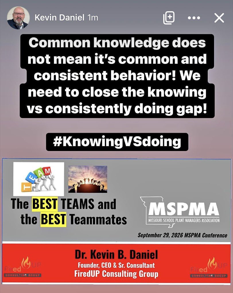 KDFIREDUP's tweet photo. Blessed to attend &amp; share at the @MoSPMA conf this week. Be careful about assuming that common knowledge is common and consistent behavior. Close the knowing vs. what we actually do around here gap. @MASALeaders @moasbo @MissouriSBA @MLDSLeaders @tdilg @MVNationSup @foxc6super https://t.co/J0TylOIZ1o