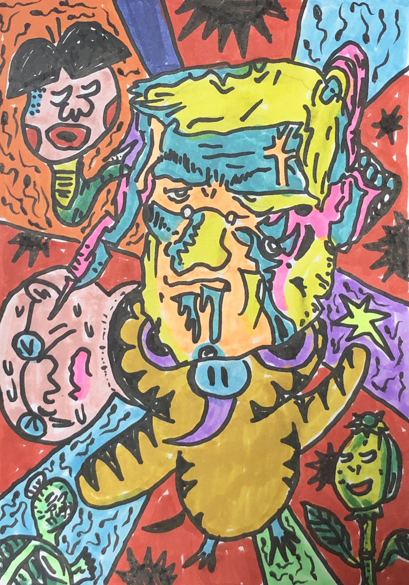 takashinemoto81's tweet photo. B 6ドローイング
「あまり描かないタイプの絵？（※真ん中は佐吉とトランプの合体男😖）」 https://t.co/ZzpxqOpD0t