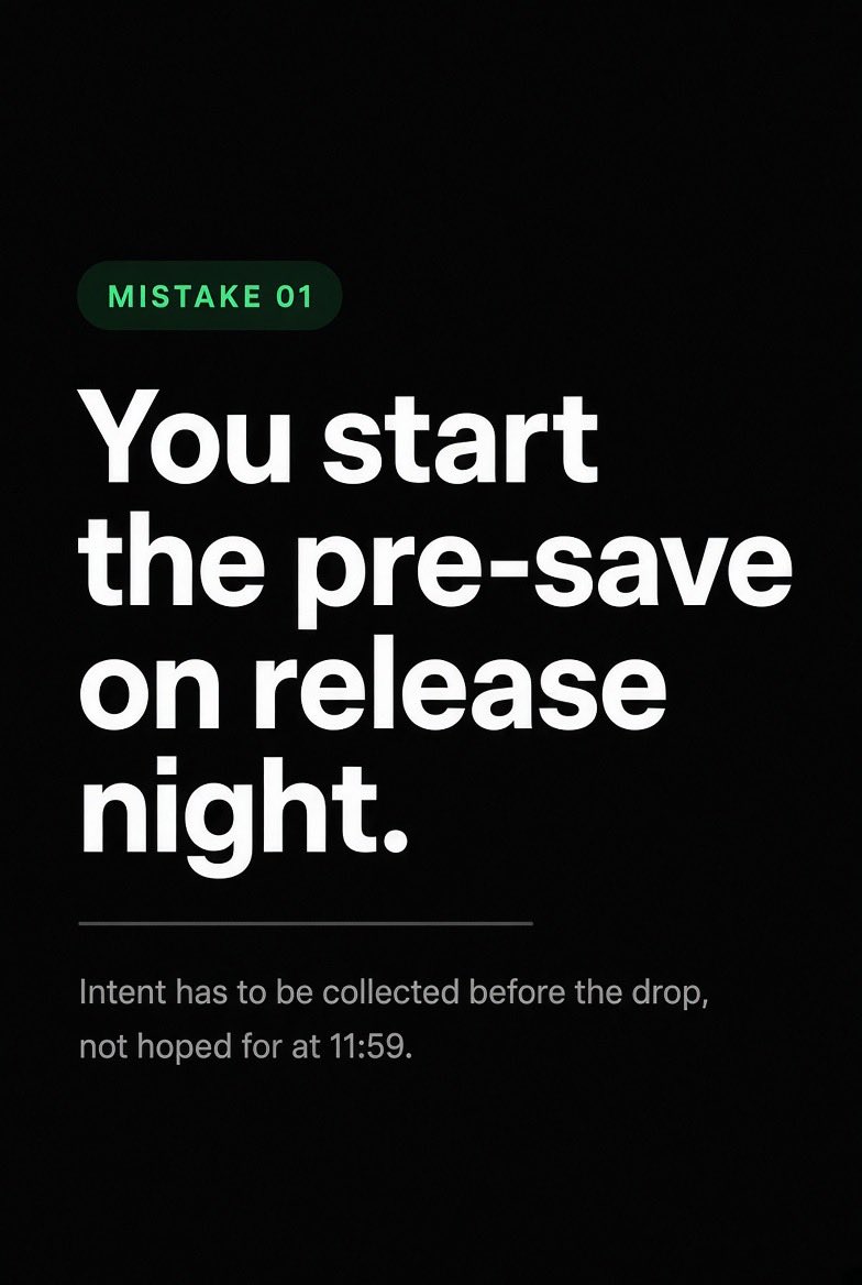 PlaylistFeedApp's tweet photo. A pre-save at midnight is not a campaign. It is five quiet mistakes stacked on top of each other.
Start early, use one smartlink, give a real reason to save, and run a countdown of story, hook clips, and emails.
When the track goes live, take that same link into PlaylistFeed and pitch verified playlist curators whose lists already match the genre and mood.
#PreSave #MusicMarketing #IndependentArtist #PlaylistPitching #PlaylistFeed #NewMusic #ArtistDevelopment #SpotifyArtists