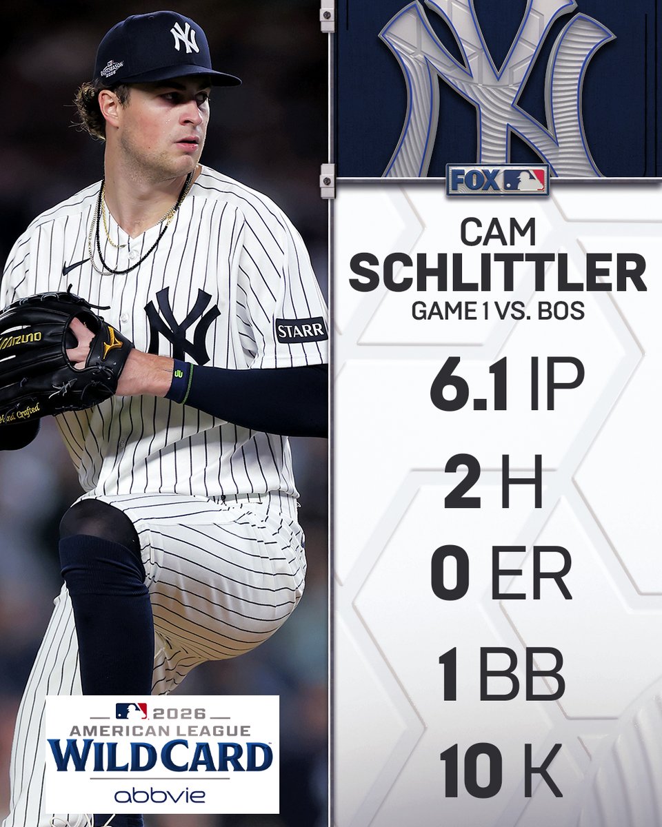 MLBONFOX's tweet photo. What a night for Cam Schlittler 👏

He leaves Game 1 with a lead after throwing 117 pitches! https://t.co/uX5ohjHVaZ