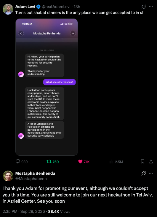 MaxNordau's tweet photo. Mostapha Benhenda barred an Israeli from his San Francisco hackathon, calling him a bomb risk.

Asked if US veterans and ex-CIA were also barred, he said: "The US army and CIA won't carry attacks on their own soil."

He publishes his blog under the handle @/bniamalek: Bni Amalek, Sons of Amalek.

Here's what else Mostapha Benhenda has published. All under his own name. 🧵