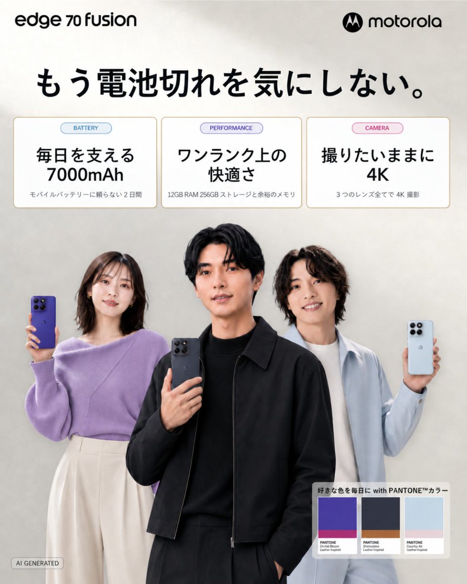 MotorolaJP's tweet photo. 📣 「motorola edge 70 fusion」の魅力を徹底解剖！

モバイルバッテリーを持ち歩く毎日に、さようなら✨

モトローラからまもなく登場する「motorola edge 70 fusion」のこだわり機能を詳しくご紹介📱

「もう電池切れは気にしない」をコンセプトに、毎日の使いやすさと洗練されたデザインを��立した注目のモデルです。

【注目のこだわり機能】
🔋 7000mAhの大容量バッテリー
1度の充電で2日間使える安心のスタミナ仕様。もしもの時もTurboPower™ 68W充電で素早くチャージ可能。

🚀 余裕の12GB RAM & 256GBストレージ
アプリの起動や動画・ゲームの操作もサクサク快適。マルチタスクもストレスフリーで楽しめます。

📸 世界初* 50MP Sony LYTIA™ 710カメラ
光と色を繊細に捉え、暗い場所でも細部まで美しく撮影。メイン・超広角・インカメラのすべてで4K動画の撮影に対応しています。

🎨 PANTONE®コラボの洗練された3色
「オリエントブルー」「シルエットブラック」「カントリーエアホワイト」の3色展開。色ごとに異なる上質な質感で自分らしさを表現で��ます。

🛡️ 薄くて美しいのにしっかりタフ
なめらかなカーブで片手でも持ちやすい薄型ボディながら、MIL規格準拠の安心設計。日常のトラブルにも負けません。

製品のスペックやご予約に関する詳細はこちら↓
https://t.co/NJBH76dKPs

🎁 楽天モバイル限定特典
先着1,000名様にワイヤレスイヤホン「moto buds 2」がもらえるプレゼントキャンペーン実施！

詳細はこちら↓
https://t.co/Rhn71vFjT0

* 2026年9月時点。スマートフォンにおいてSony LYTIA™ 710センサーを搭載したモデルとして（モトローラ調べ）。

皆さまはどの機能やカラーが気になりますか？ぜひコメントで教えてください💬

#スマホ #モトローラ