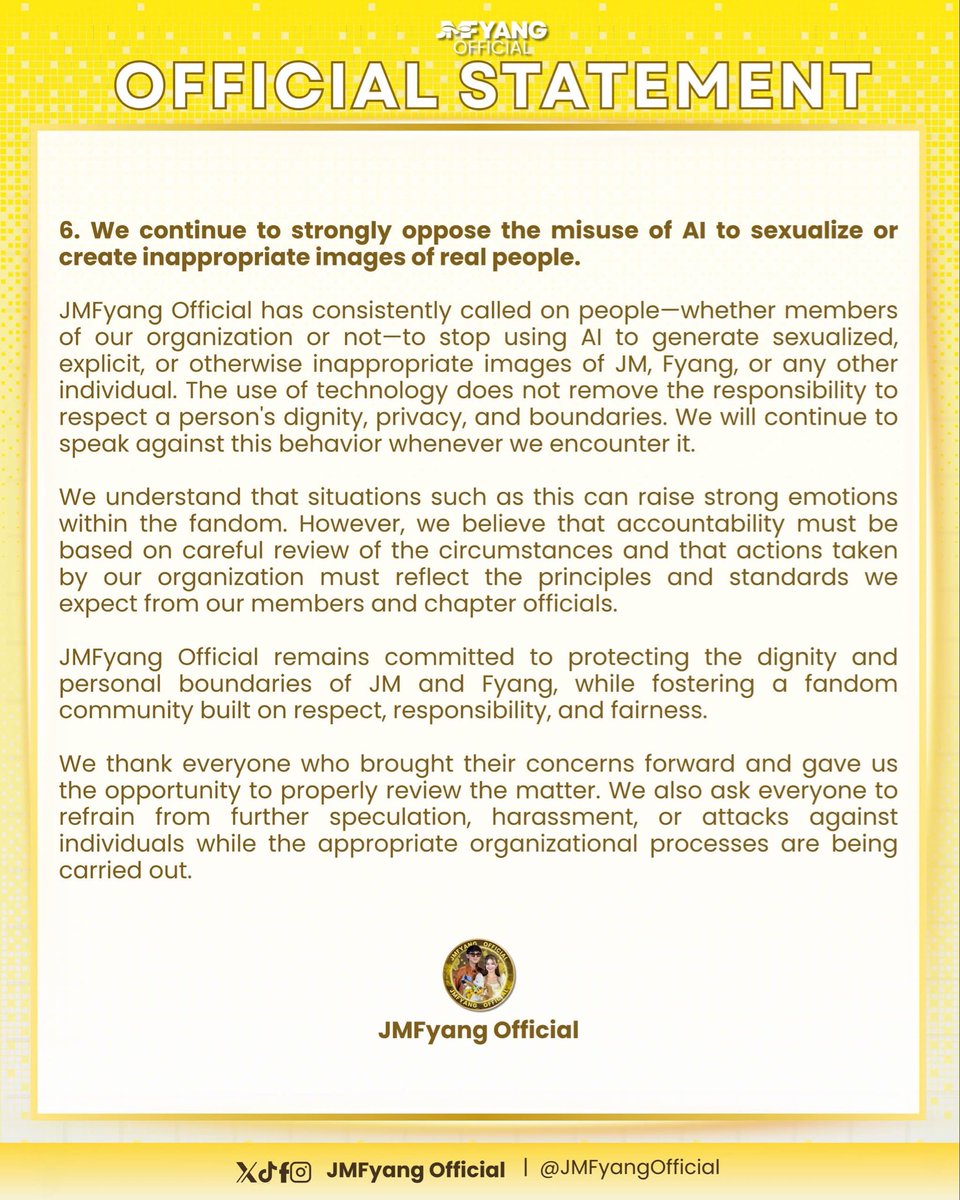 JMFyangOfficial's tweet photo. 𝐎𝐅𝐅𝐈𝐂𝐈𝐀𝐋 𝐒𝐓𝐀𝐓𝐄𝐌𝐄𝐍𝐓 https://t.co/mTgFmuWNf5