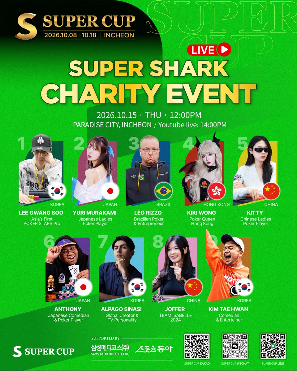 Supercup_world's tweet photo. 🔥 D-8 | SUPER CUP INCHEON

SUPER CUP INCHEON 開幕まであと8日！

そして今回のSUPER CUPでは、
🦈 SUPER SHARK CHARITY EVENTを開催！

韓国をはじめ、日本、中国、香港、ブラジルなど、
世界各国からプレイヤーが集結します。

SUPER CUPの座を手にするのは誰だ？😺

📅 2026.10.08 – 10.18
📍 Paradise City, Incheon

#SUPERCUPINCHEON #ホールデム #ポーカー #トーナメント #マインドスポーツショー