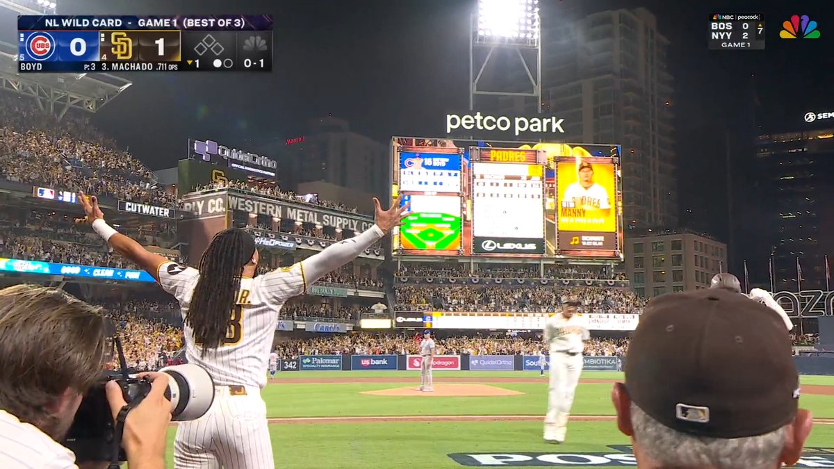 A baseball broadcast from NBC/Pecock showing Game 1 of the NL Wild Card at Petco Park between the Cubs (0) and Padres (1), with Boyd pitching and Machado batting.
