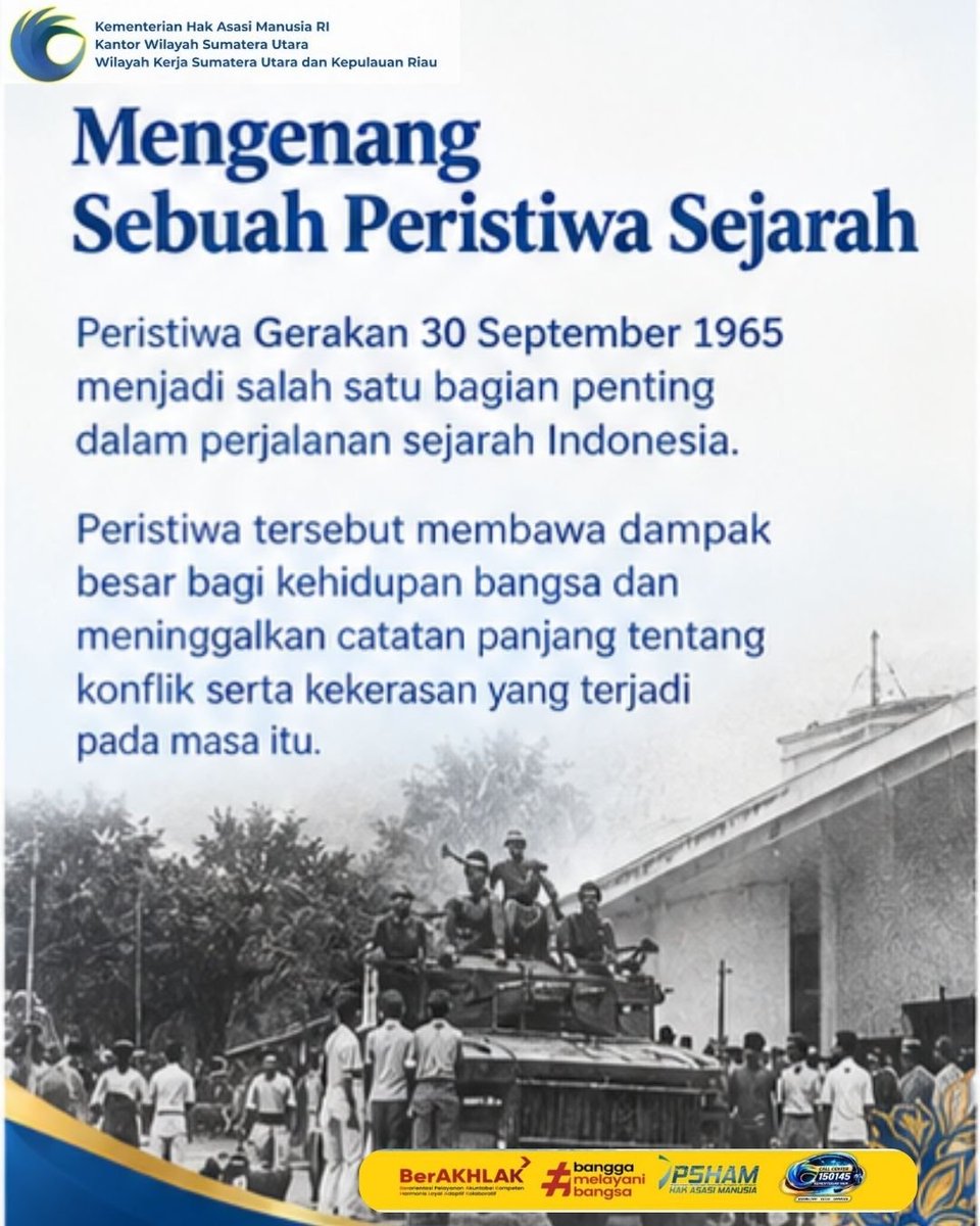 Kemenham_Sumut's tweet photo. Dari peristiwa G30S/PKI, mari terus belajar menghormati kehidupan, menolak kekerasan, dan menjaga martabat setiap manusia.

Belajar dari sejarah. Menjaga kemanusiaan. Menghormati HAM. https://t.co/G86fyoYp1E