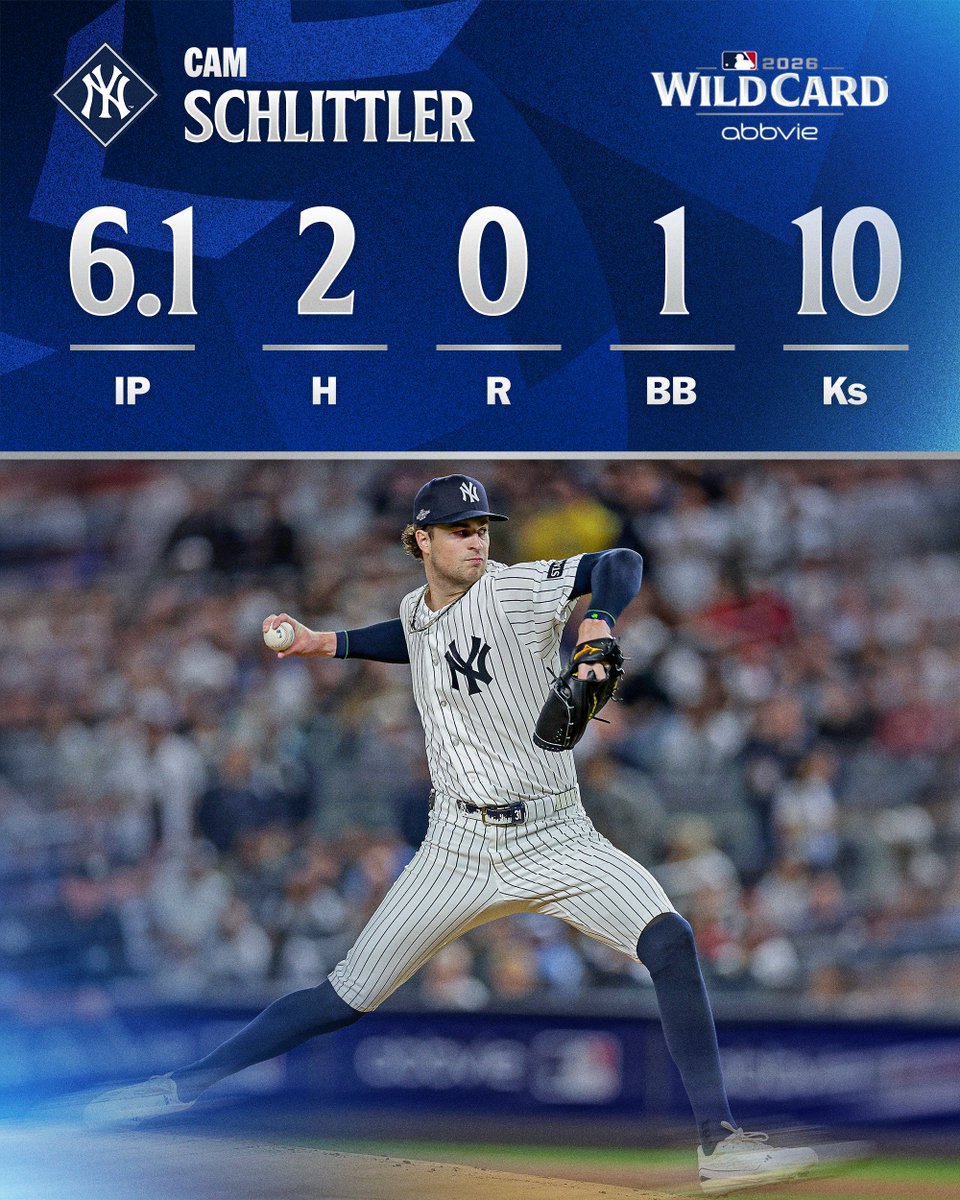 MLB's tweet photo. King of the hill

Cam Schlittler delivers a gem in Wild Card Game 1! 

(MLB x @AbbVie) https://t.co/VK89uuNifk