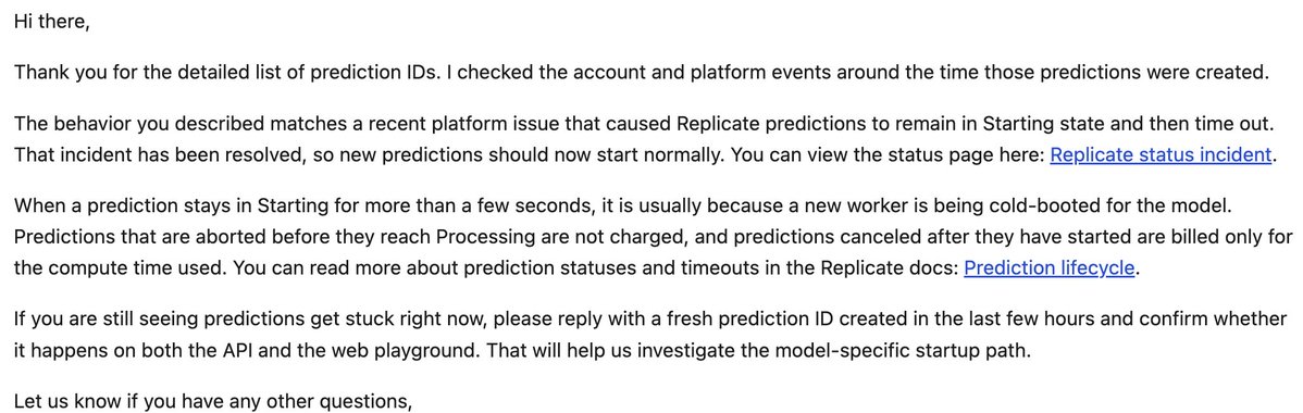 404notacoder's tweet photo. Update from the engine room: Replicate support officially confirmed the platform issue causing predictions to hang indefinitely in the "Starting" state is resolved.

Our inference pipeline for https://t.co/Oag9gfl1Pu is unblocked and back online.

Wrestling with upstream GPU hiccups taught us a crucial lesson: you can't control third-party infrastructure, but you can build a resilient system and an effortless user experience.

Here is what we’re shipping next before our public launch:

1-Click Inference Re-render: If an upstream GPU worker stalls after LoRA training finishes, the customer never has to re-upload photos or wait 20 minutes to retrain. Their AI model weights are preserved, allowing a 1-click instant re-dispatch of all 50 portraits.
Calm, Async-First UX: No raw technical errors, confusing logs, or anxiety-inducing progress bars. Once photos are uploaded, the UI gives one clear message: "Your headshots are being generated. We’ll notify you by email as soon as they're ready to download."
Visual Upload Guidelines: Adding side-by-side visual examples (lighting, angles, expressions) directly into the upload flow to help users submit the best possible training set.
Pre-Flight Face & Blur Detection: Implementing automated pre-screening (face detection, blur analysis, and landmark verification) before images ever hit a GPU. If a photo is blurry, filtered, or has multiple faces, it gets flagged in the browser before compute spend begins.

The core pipeline works, the resilience layer is locked in, and we are dialing in the final UX polish.

We are launching very soon. Let’s fucking go! 🚀⚡

#BuildInPublic #IndieHacker #AI #MachineLearning #GenerativeAI #ReplicateIssueFixed