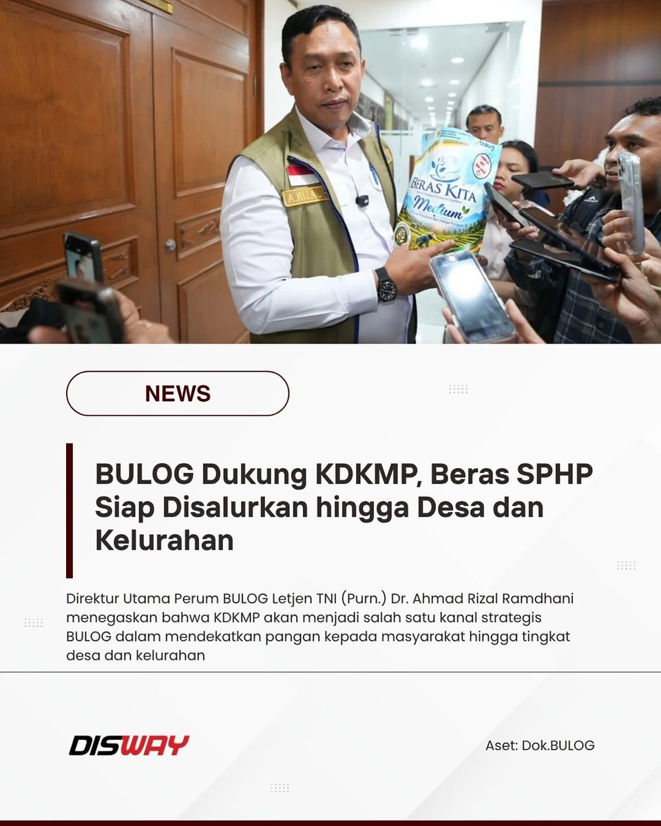 disway_update's tweet photo. BULOG siap mengambil peran aktif dalam mendukung kebutuhan pangan KDKMP, khususnya melalui penyediaan beras medium program Stabilisasi Pasokan dan Harga Pangan (SPHP).

#BULOGDukungKDKMP #BULOGSalurkanBerasSPHP #BerasMedium #Disway https://t.co/e2CcUCPchL