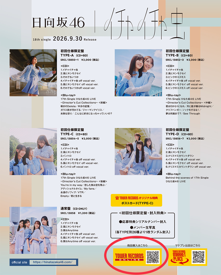 TOWER_Plus's tweet photo. ＼本日(9/30)よりタワレコで無料配布／
TOWER PLUS+ 日向坂46 特別号

●表紙
#上村ひなの さん、#小西夏菜実 さん、
#藤嶌果歩 さん、#佐藤優羽 さん
撮り下ろし📸

●中面
中面にも撮り下ろしカットを使用📸
撮り下ろしメンバー4名による
『イチャイチャ虫』について
直筆で綴ったコメントを掲載📖

TOWER PLUS+記事は
音楽ガイドメディアMikikiに
記事を公開中!
取りに行けない方はこちらをチェック！

●表紙裏
いつでもどこでも誌面から
タワーオンラインで
『イチャイチャ虫』や
過去作のCD/DVD/BOOKなど
チェック&購入できる
二次元コードを掲載!

※各店無くなり次第終了となります。

●撮り下ろしコラボポスターもあります
【日向坂46×TOWER RECORDS】
https://t.co/8bP58EoPFO

#日向坂46 #日向坂46_イチャイチャ虫 
#タワレコ #TOWERPLUS