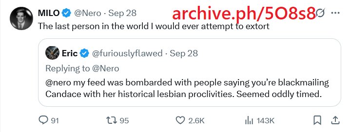 EsoShaggy's tweet photo. BREAKING: Milo has DELETED his threat to blackmail Candace Owens with a sex tape of her engaged in a lesbian extramarital affair!

Milo Yiannopoulos now serves as Candace's ghostwriter.

Milo gaslit his audience and pretended this audio didn't exist.

I archived everything. https://t.co/LWvN8JOOw6