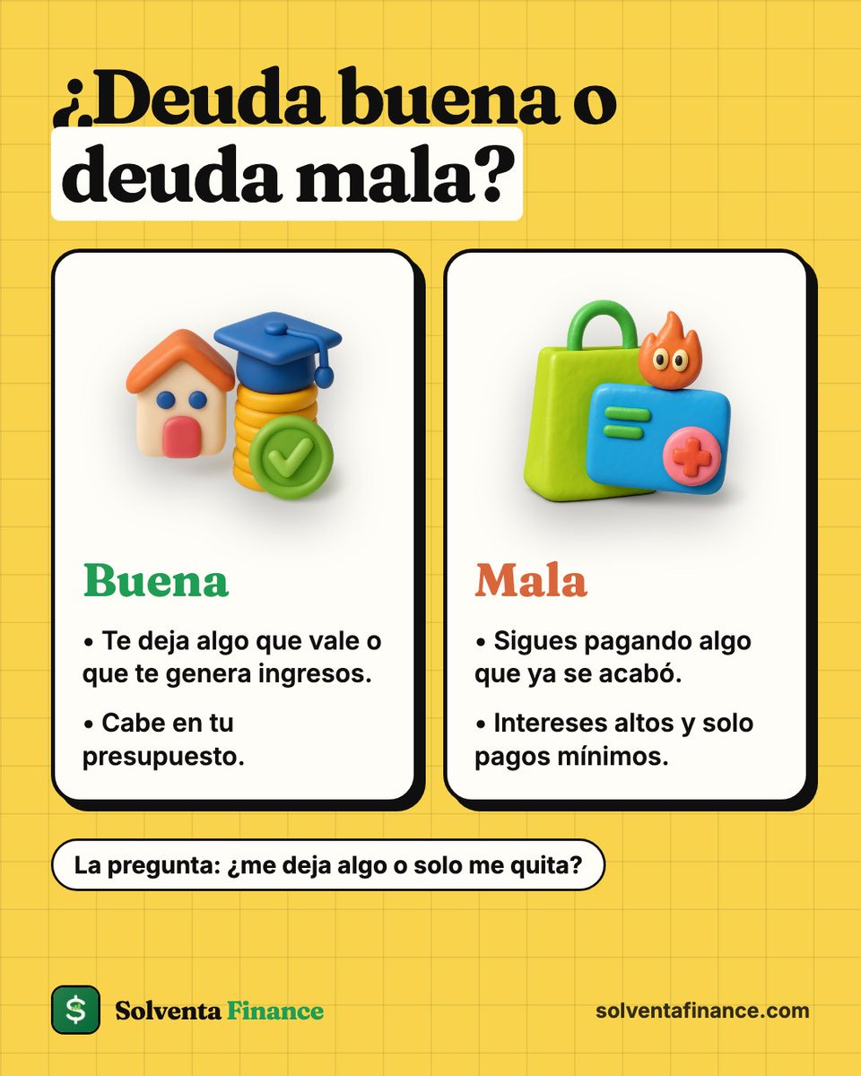 solventafinance's tweet photo. ¿Deuda buena o deuda mala? 🤔

    Buena: te deja algo que vale o te genera ingresos, y cabe en tu presupuesto.
    Mala: sigues pagando algo que ya se acabó, con intereses altos y solo pagos mínimos.

  Entra gratis en https://t.co/Cah8mYJnoF

 #solventafinance #deudas https://t.co/3kI0Mcdrz0