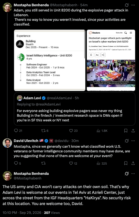MaxNordau's tweet photo. Mostapha Benhenda barred an Israeli from his San Francisco hackathon, calling him a bomb risk.

Asked if US veterans and ex-CIA were also barred, he said: "The US army and CIA won't carry attacks on their own soil."

He publishes his blog under the handle @/bniamalek: Bni Amalek, Sons of Amalek.

Here's what else Mostapha Benhenda has published. All under his own name. 🧵
