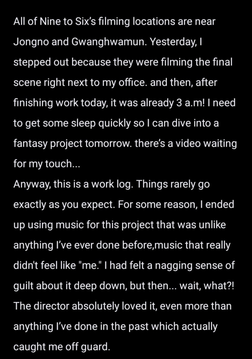 meloverselify's tweet photo. Nine to Six's music director is Jeong Yaekyung, who previously worked on The Tale of Lady Ok, Miss Day and Night, etc.

what made me excited were the words in her post "...for some reason, i ended up using music for this project that was unlike anything i've ever done before...- https://t.co/2lR0gobirT