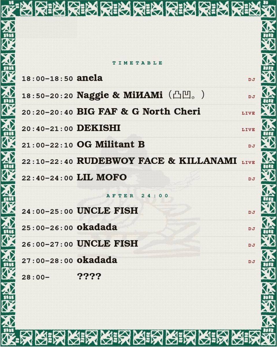 TheReal_NODA's tweet photo. 今日
9.30のRUDEBWOY M/A/S/S/A/C/R/Eに急遽出演することになりました。
@dekishi さんのバックDJです。
タイムテーブルの流れからもGRIMEのルーツの一部が肌感覚で伝わってる感じがやばいし、熱い夜になると思います🔥
とにかくきてくれ！
僕とDEKISHIさんは20時40分から https://t.co/C2YWiwlVmL
