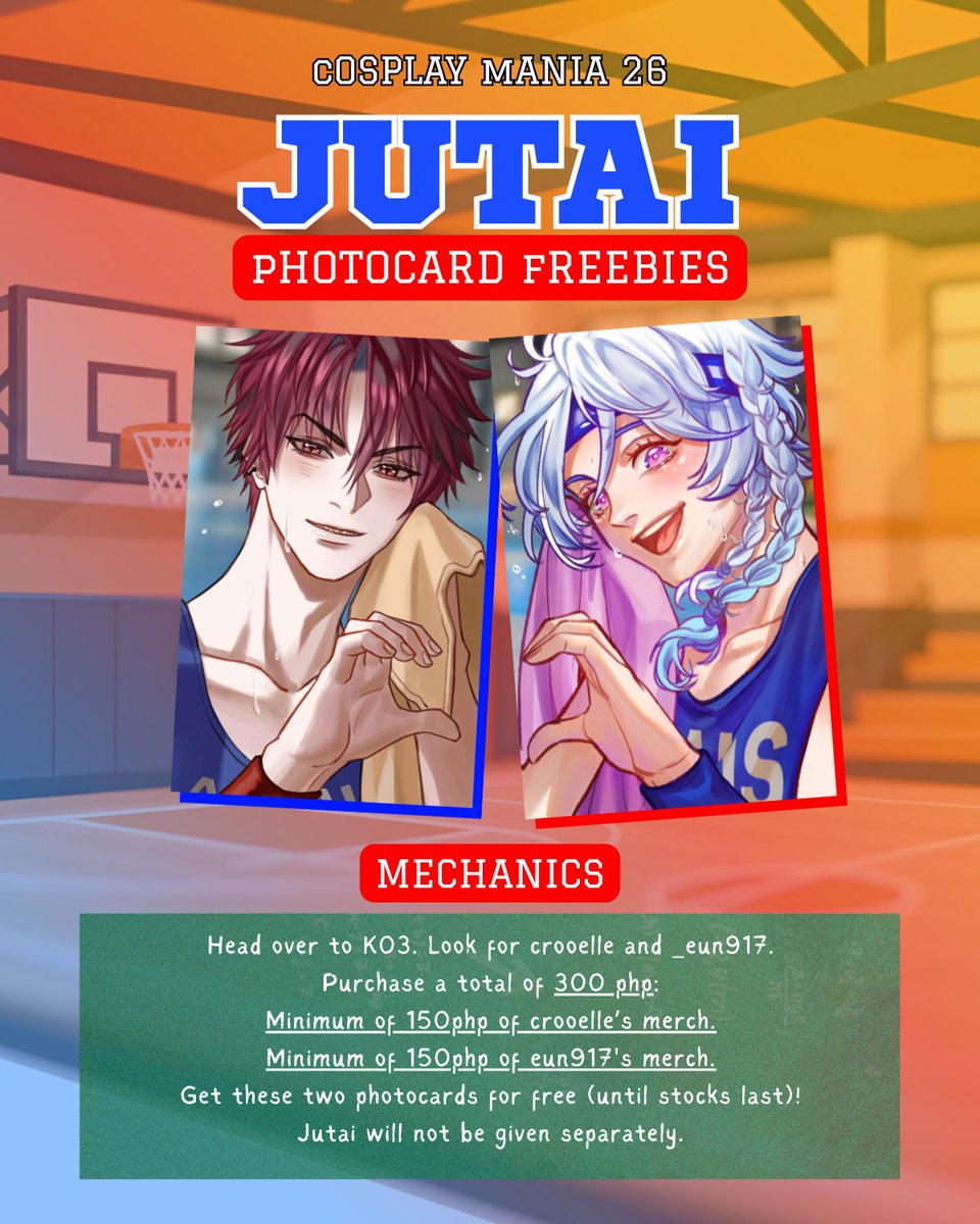 crooelle's tweet photo. [RT ❤️💙]  

Jutai na jutai ka na ba? 🏀🗑️

Jutai collab with me and @_eun914 ! Spend a minimum of 150 php from both of us and get these two pocas for free! We'll both be at FK03.

#CosplayMania2026 #FanfairAtCosplayMania2026 https://t.co/cDJ28aGPV3