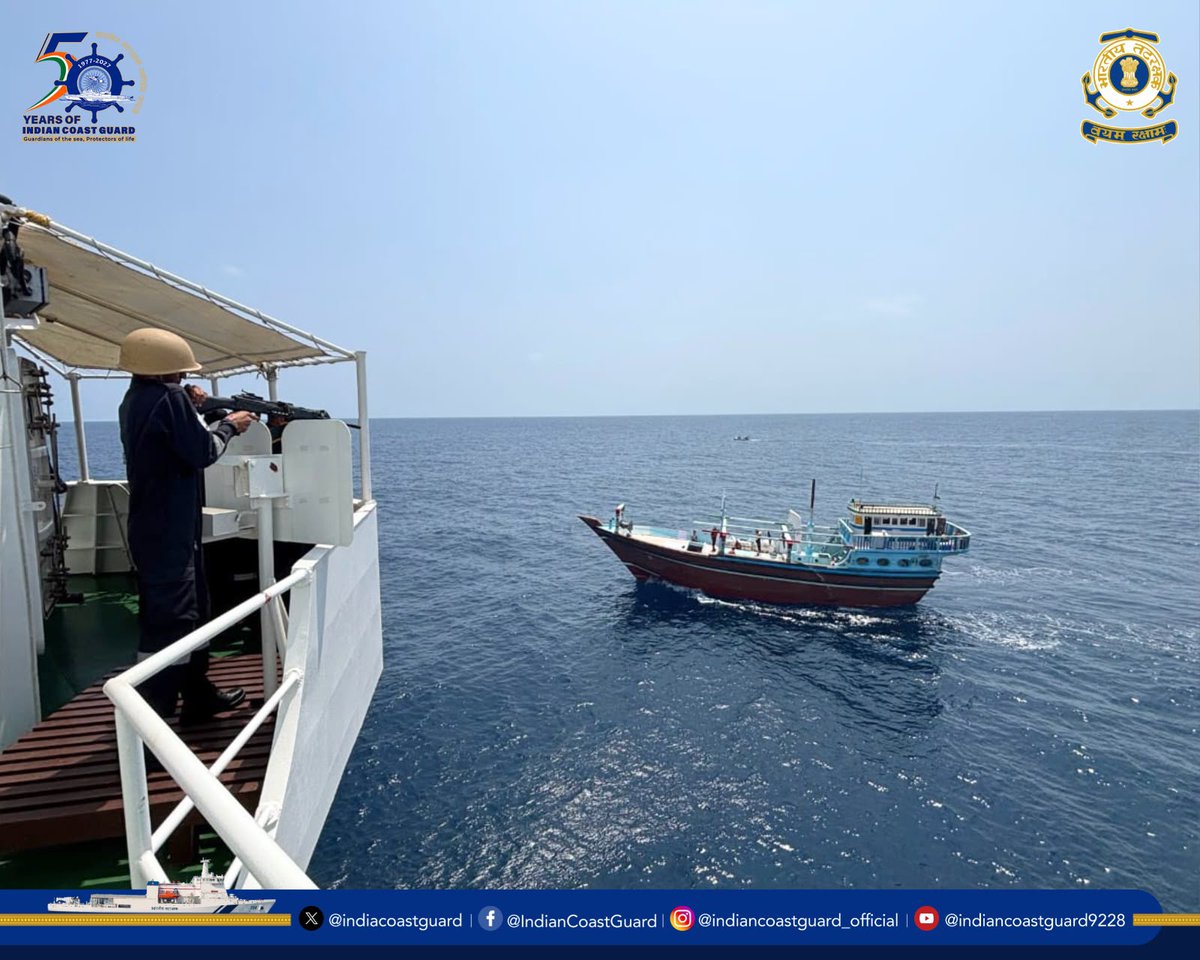 ANI's tweet photo. #WATCH | The Indian Coast Guard, operating in coordination with the Anti-Terrorism Squad (ATS), Gujarat, successfully thwarted a major maritime narcotics-smuggling attempt in the Arabian Sea, west of Lakshadweep. Acting on actionable intelligence, the Indian Coast Guard assets conducted precise sea-air surveillance and maintained continuous tracking before initiating a hot pursuit and boarding a suspicious Iranian dhow on 25 September 2026.

The high-seas operation resulted in the seizure of approximately 526 kilograms of high-grade contraband, comprising heroin and methamphetamine, valued at over Rs 3,000 crore in international markets. Five Pakistani nationals operating the vessel were also apprehended.

The intercepted dhow, its crew, and the seized contraband have been escorted to Mumbai under armed protection for joint interrogation and comprehensive multi-agency legal proceedings.

(Source: Chief Public Relations Officer, Indian Coast Guard)