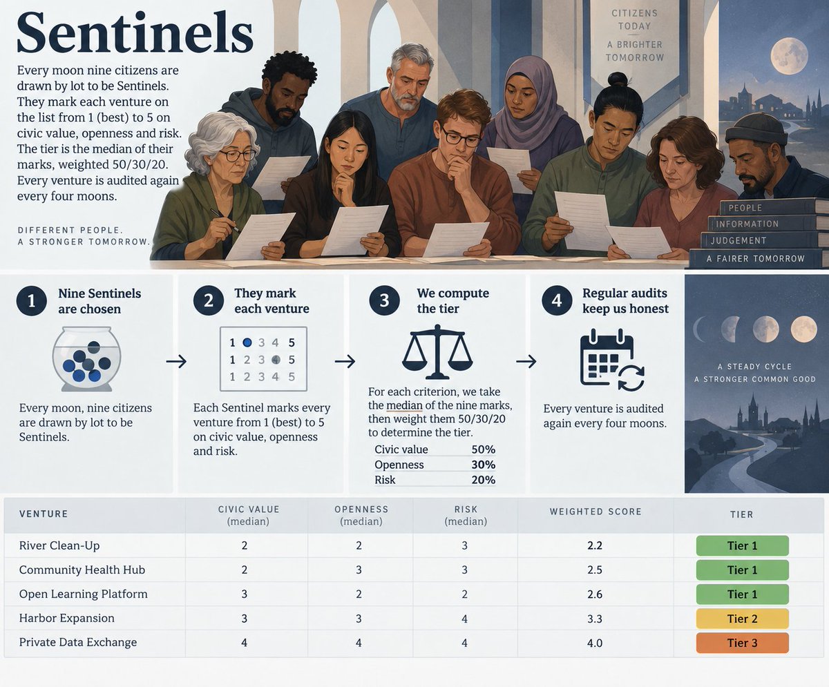 veridiacity's tweet photo. 4⃣ Sentinels

Every moon nine citizens are drawn by lot to be Sentinels. They mark each venture on the list from 1 (best) to 5 on civic value, openness and risk. The tier is the median of their marks, weighted 50/30/20. Every venture is audited again every four moons. 

https://t.co/MtlNeq9J6I
