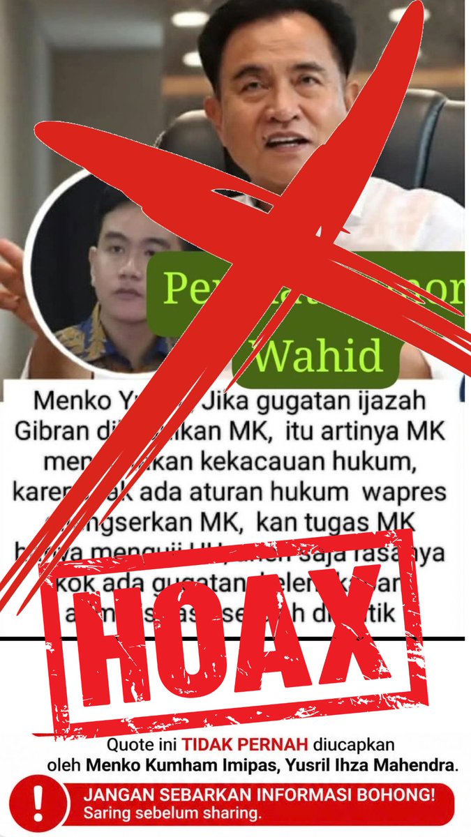 Yusrilihza_Mhd's tweet photo. @yonobubut70 @officialMKRI IMBAUAN: Masyarakat diimbau untuk selalu kritis dan menyaring informasi sebelum membagikannya. Pastikan setiap informasi berasal dari media massa tepercaya atau saluran resmi pemerintah/lembaga terkait.

#HoaxBuster #CekFakta #SaringSebelumSharing #Klarifikasi #AntiHoaks https://t.co/Zx7TptHRiI