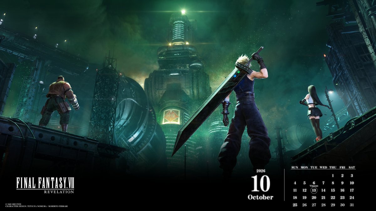 FFVIIR_CLOUD's tweet photo. ☄️今月のカレンダーは、クラウド、バレット、ティファ！☄️

果てなき、広大な星へ。
すべての運命は、ここへとつながる。

『FINAL FANTASY VII REVELATION』
2027.04.08 発売
#FF7R #FF7リベレーション https://t.co/yUSpgaQnHV