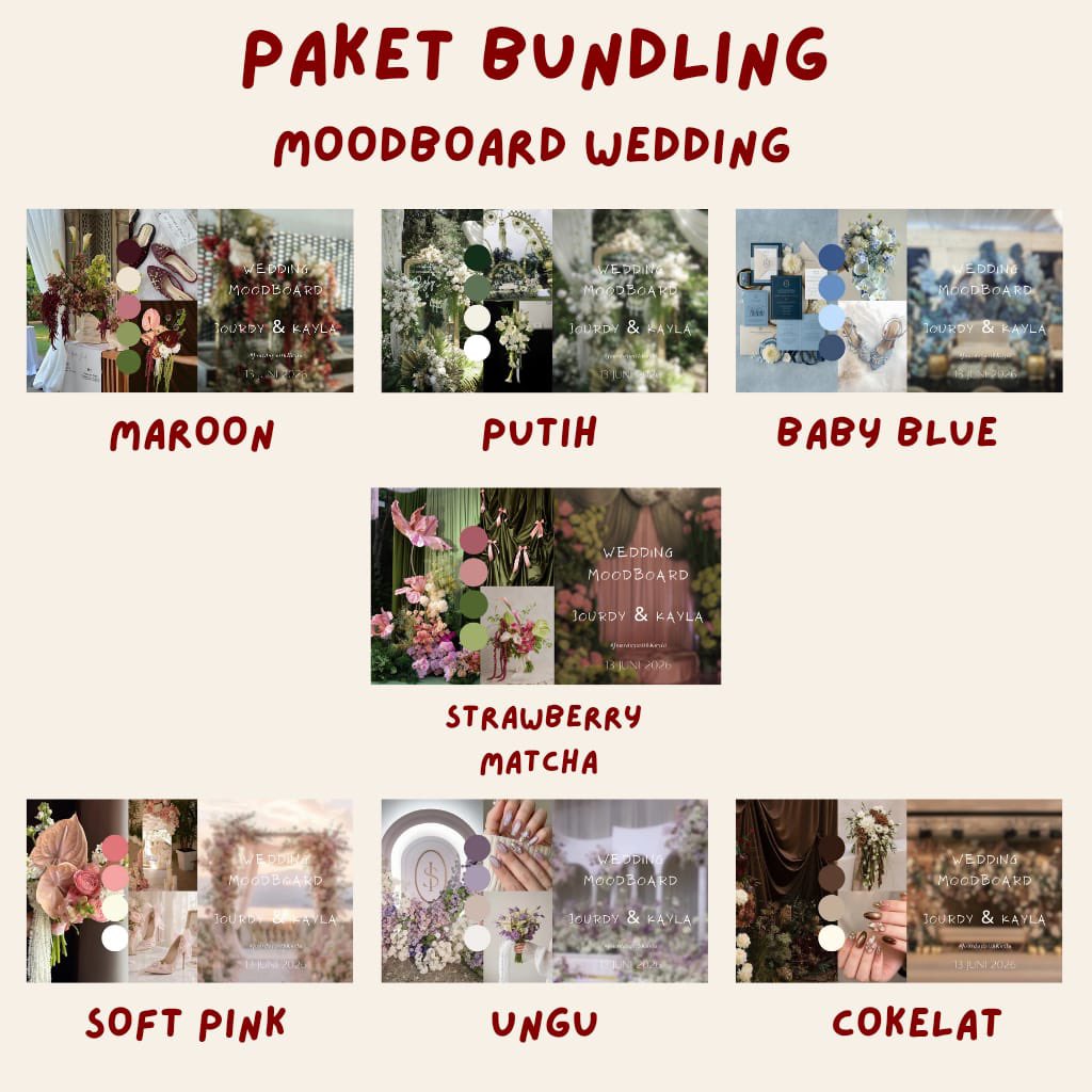 kindpickss's tweet photo. Calling all bride to be yang susah banget pilih warna wedding 😭

Mau putih cantik, maroon elegan, Strawberry Matcha yang lagi hype, atau warna soft seperti baby blue dan soft pink? Sekalian aja punya semuanya 🤍

🎨 Editable Canva 👉🏻 https://t.co/VDuGx03Bge https://t.co/m6w7E1iR40