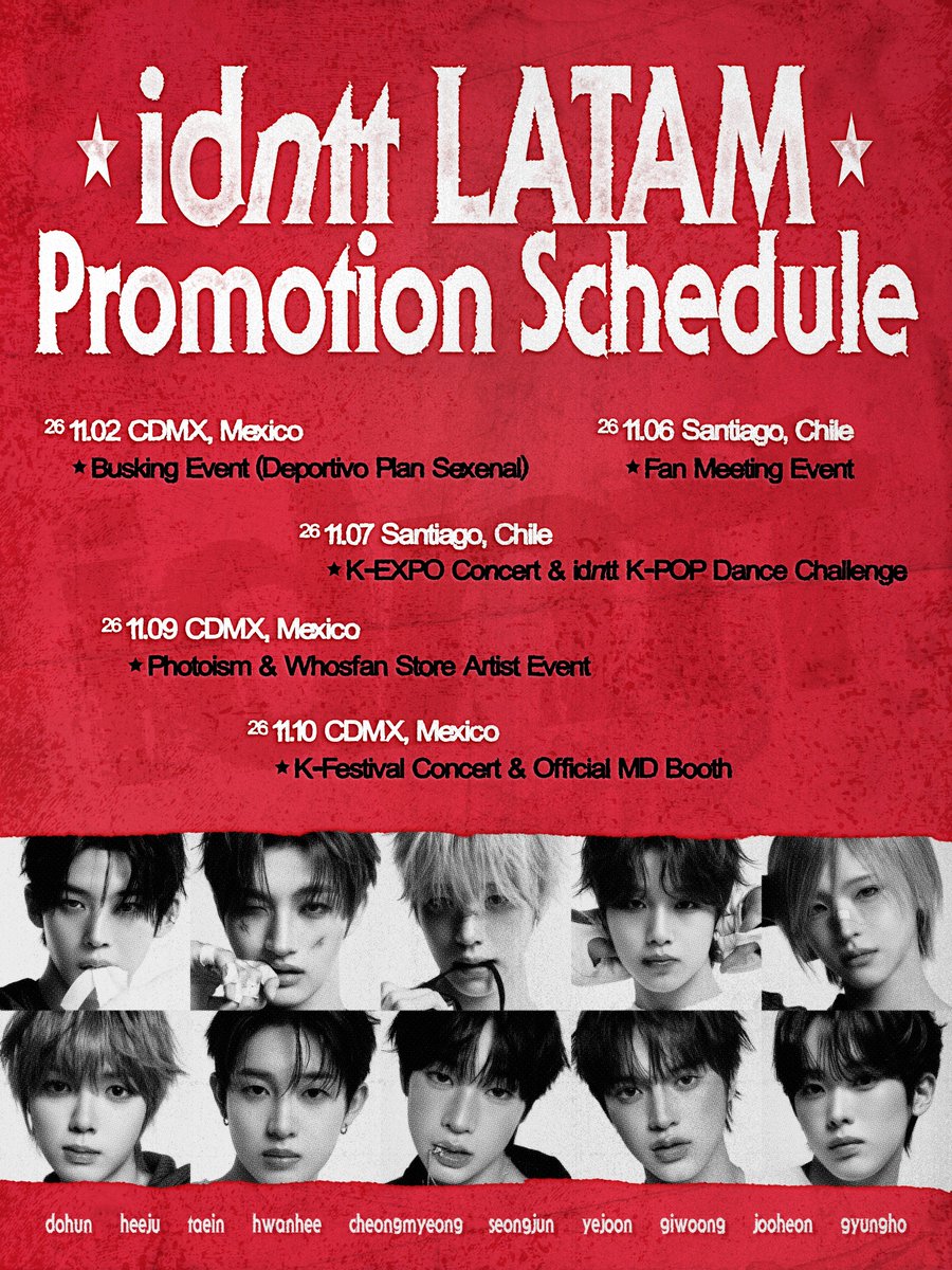 idntt_cosmo's tweet photo. idntt
LATAM Promotion Schedule

Stay tuned for what’s coming in LATAM this November

#idntt #아이덴티티 https://t.co/Cr7BYwNgay