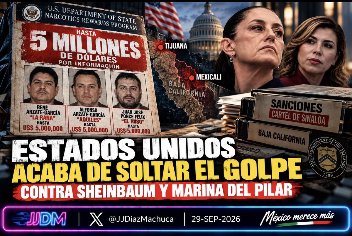 JJDiazMachuca's tweet photo. CINCO MILLONES DE DÓLARES…

Estados Unidos acaba de soltar el golpe contra el gobierno de Claudia Sheinbaum (@Claudiashein) y contra la gobernadora de Baja California, Marina del Pilar Ávila (@MarinadelPilar).

El Departamento de Estado ofrece hasta 5 millones de dólares por información que lleve al arresto o condena de líderes del Cártel de Sinaloa responsables de operar las plazas de Tijuana y Mexicali, después de que Washington sancionó una red de narcocorrupción vinculada al cártel en Baja California.

En esa lista aparece Carlos Alberto Torres Torres, exesposo de Marina del Pilar Ávila (@MarinadelPilar). El Tesoro de Estados Unidos lo señala como operador político vinculado al Cártel de Sinaloa y afirma que utilizó su influencia para facilitar las actividades del grupo y protegerlo de la intervención de las autoridades.

Y el golpe viene de donde menos le gusta a la 4T: Washington afirma que esta narcocorrupción llegó hasta los niveles más altos del gobierno de Baja California.

Morena gobierna Baja California. Marina del Pilar gobierna Baja California. Y esto no salió de un tuit anónimo: salió del Gobierno de Estados Unidos.

Ahora sí, que salgan a negar también esto.