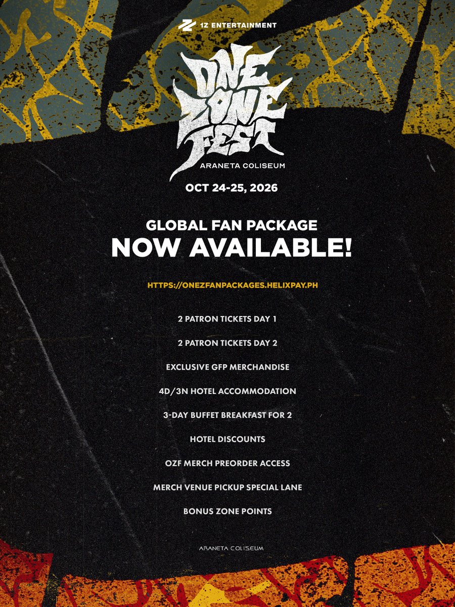 1zentertainment's tweet photo. 📣 ONE ZONE FEST: GLOBAL FAN PACKAGE NOW AVAILABLE

October 24-25, 2026
Araneta Coliseum

Limited only! Secure your spot in the zone via https://t.co/Wjo1Pjp1it

#OZF #OneZoneFest #1ZEntertainment https://t.co/ihN3CJKWLD