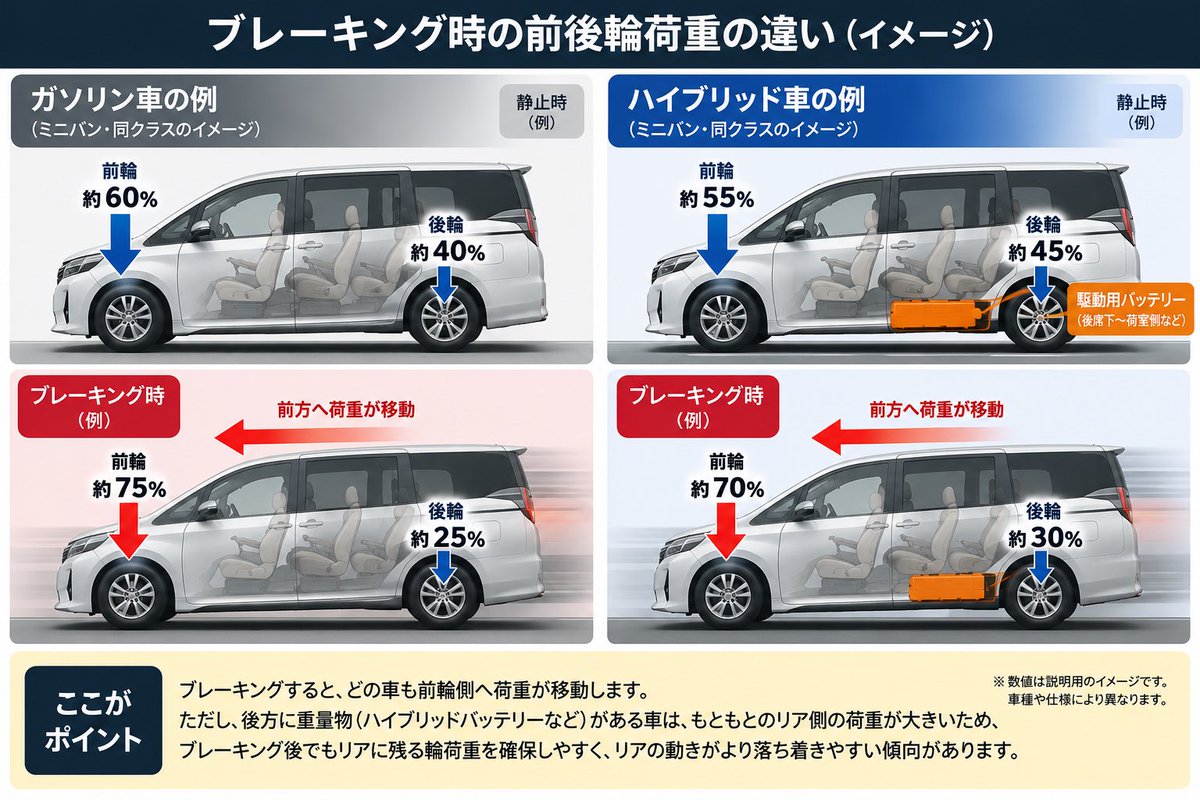 Spinoff1204's tweet photo. 「ブレーキの踏み始めで、車の落ち着きは結構変わります。」

同乗者が不快に感じやすい運転には、「急」がつく動作が多いです。

急加速、急ハンドル、急ブレーキ。

車の動きが急なら、乗っている人の身体も急に動かされます。

ブレーキは特に分かりやすい。

同じ速度から同じくらい減速するにしても、最初からガツンと踏めば、フロントへの荷重移動も急に始まります。

フロントが沈み、リアの荷重が抜けていく。

当然、同乗者の身体も前へ持っていかれます。

普段の運転なら、最初に少しブレーキを当てる。

車が減速姿勢に入り始めたところから、必要な分だけ踏み増していく。

これだけでも車の動きは変わります。

ブレーキを踏めば荷重は前へ移ります。

変えられるのは、その荷重移動のさせ方です。

一気にフロントへ荷重を乗せるのか。

少しブレーキを当てて、サスペンションを動かし始めてから踏み増していくのか。

急にフロントへ荷重を移せば、その分リアの輪荷重も急に減ります。

踏力を段階的に増やしていけば、車体のピッチングも急に立ち上がりにくく、リアの動きも落ち着かせやすい。

この違いを感じやすかった車の一つが、トヨタのノアです。

ガソリン車とHVを乗り比べると、個人的にはHVの方が走っていてどっしりした感じがありました。

特に分かりやすかったのが、少しブレーキを当ててから踏み増していった時。

HVの方がリアの落ち着きを感じやすく、前のめりになる感覚も少なかったんです。

ハイブリッド車は、車種によって駆動用バッテリーを後席付近や荷室側などに搭載しています。

重量物の位置が変われば、前後の輪荷重や重心位置も変わります。

もともとリア側にある程度の荷重があれば、ブレーキングで荷重が前へ移っていく途中でも、リアに荷重を残しやすい。

ただ、ノアで感じた違いをバッテリーの重量や位置だけで説明するつもりはありません。

サスペンションの設定も違いますし、HVなら回生ブレーキを含めた制御もあります。

いくつもの違いが重なって、あの落ち着きにつながっているはずです。

そして、この話は普段の運転でも結構使えます。

赤信号で止まる時。
交差点を曲がる前。
高速道路を降りる時。

いきなり必要な強さまで踏むのではなく、最初に少し当ててから踏み増していく。

止まる直前になったら、今度は少しずつ踏力を抜いていく。

これだけでも、隣に乗っている人の頭の動きはかなり変わります。

同じ場所で同じように止まっても、頭が前後に大きく振られる運転と、ほとんど動かない運転がある。

ブレーキの踏み方ひとつで、タイヤへの荷重の移り方も、車体の姿勢も、乗っている人の快適さも変わります。

助手席で安心して乗っていられる。

そういうブレーキが踏めるのも、運転の上手さだと思います。

#ブレーキ #荷重移動 #運転技術 #安全運転 #ドライブ #サスペンション #車の知識 #SPINOFF