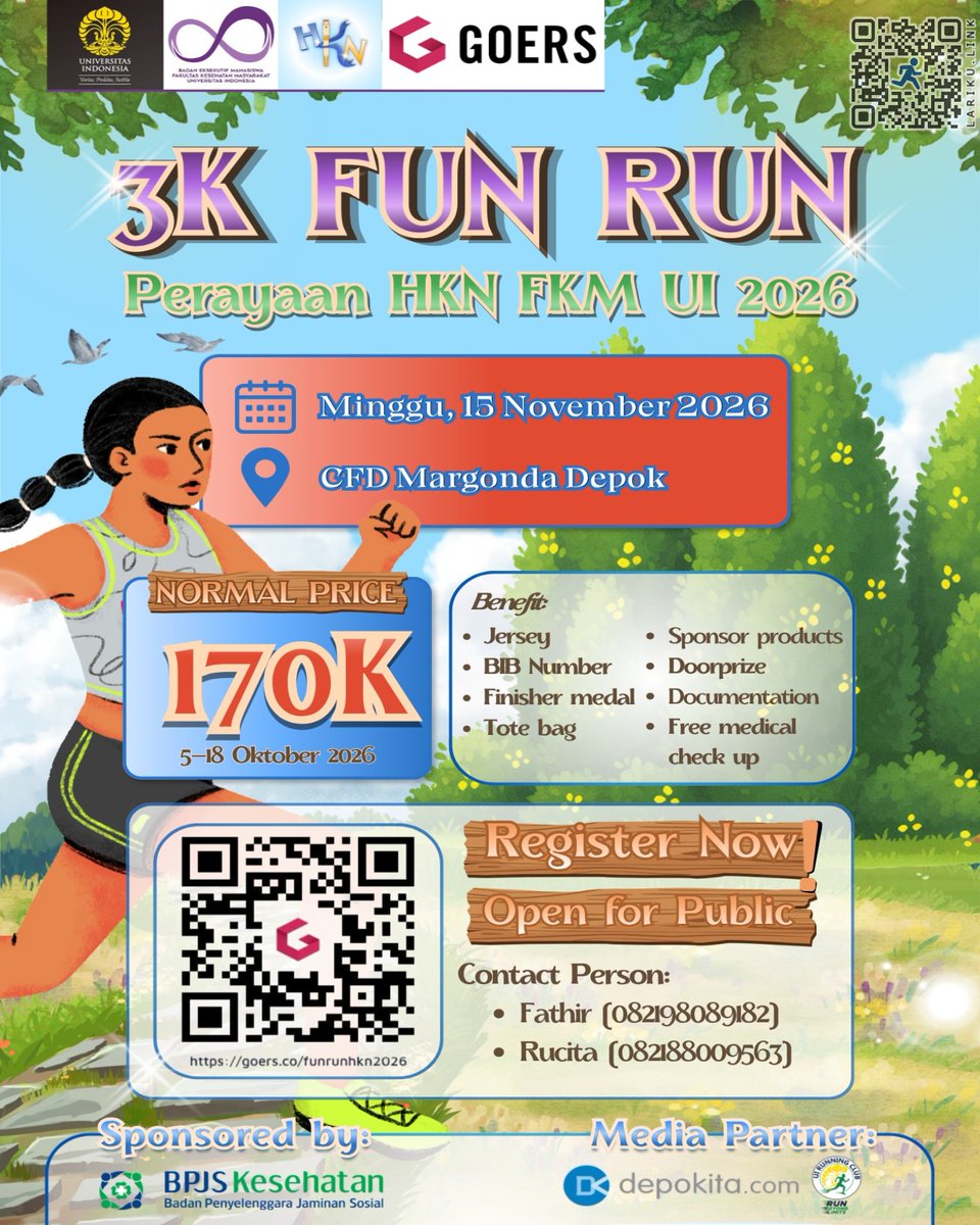 LarikuInfo's tweet photo. ๐ฝ
๐ฅณ Fun Run Perayaan HKN FKM UI
๐งฎ 15 Nov 2026
๐๏ธ 3K โข Fun Run
๐ฎ Depok - Jabar
โค๏ธ
๐ https://t.co/hUtbKDQJhU โ๏ธ
๐บ
๐บ
โโโโ
#PerayaanHKN #FKMUI #BEMIMFKMUI #Depok #LariKuinfo Kalender Perayaan HKN FKM UI Pancoran Mas Kota Jawa Barat BEM IM Iluni https://t.co/nwiM53XwHo https://t.co/AqgEcsFkpM