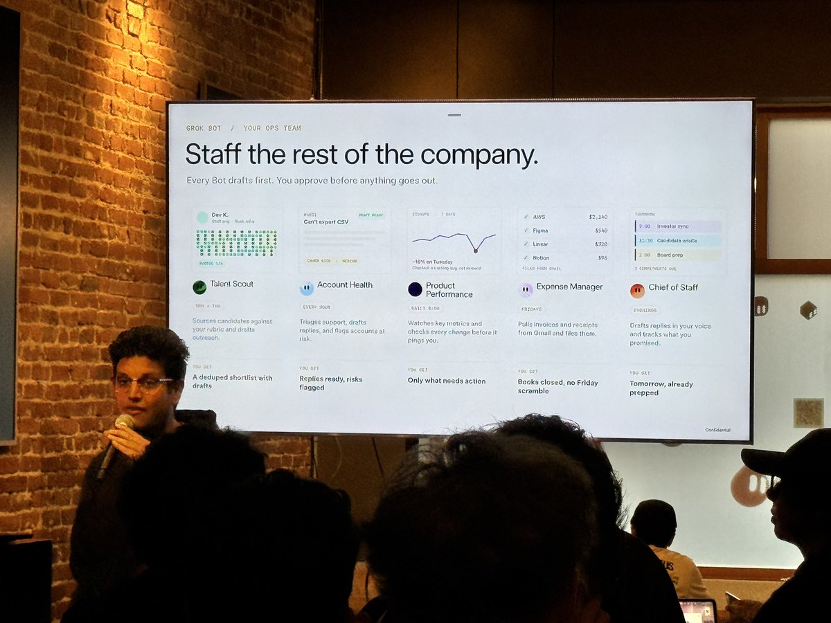 ShenSeanChen's tweet photo. I went to the Grok @bot X @NotionHQ event in SF and loved their quote: Staff the rest of the company.

You don't need to stick to your role any more. You can build bots to fill in those gaps so that you can do cool things. 

Neat slogan.

And don’t forget you also need to port in your personal skills and memory to avoid starting from a blank page, which @waku_agent (https://t.co/U2x120RmEI) will be able to help;)

And apparently you can win a trip to see a Starship launch. Coolest company ever.