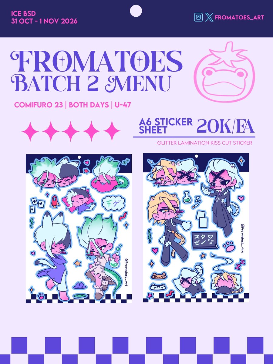 fromatoes_art's tweet photo. [🩷/🔄 are super appreciated!]

Fromatoes' #cf23 Batch 2 PO is here!!
🗓️ : 30 Sept - 4 Oct 2026
📦 : Pick-Up ONLY!
📍 : Ice BSD U-47 Frotrea
🎀 : Dr. Stone (more fandoms on batch 1 catalogue)

🧵 PO link
#CF23Catalogue #Comifuro23 https://t.co/cPVeJXW6ul