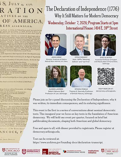 UChicagoAHD's tweet photo. Oct. 7, UChicago scholars and public figures gather at International House to discuss The Declaration of Independence: why it was written and its enduring meaning. Speakers: Eric Slauter, Alison LaCroix, Steven Pincus, John Kirby, and NPR’s Steve Inskeep. https://t.co/b3iR7JjrAa https://t.co/USDJggyOsJ