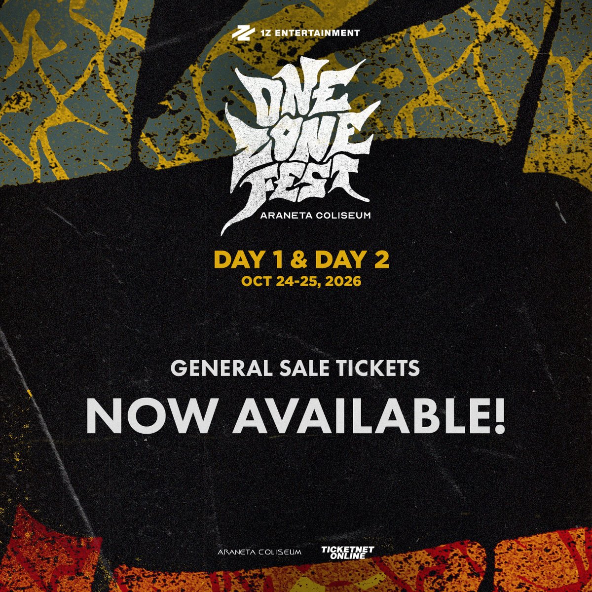 1zentertainment's tweet photo. 📣 ONE ZONE FEST: GENERALE SALE NOW OPEN

DAY 1 & DAY 2 tickets to the ONE ZONE FEST 2026 are now available!

October 24, DAY 1: 1Z artists + special performances
October 25, DAY 2: SB19's 8th Anniversary Fanmeet
Araneta Coliseum

Secure your spot in the zone via https://t.co/rvDBpadIqf

#OZF #OneZoneFest #1ZEntertainment