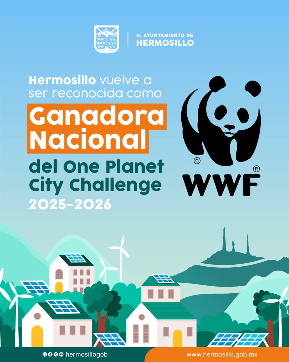 tonoastiazaran's tweet photo. ¡Hermosillo vuelve a poner el nombre de México en alto! 🌎☀️

Por segundo año consecutivo, WWF reconoce a nuestra ciudad como ganadora nacional del Desafío de Ciudades. En esta edición participaron más de 380 ciudades de 51 países, y Hermosillo y Medellín fueron las únicas ciudades de Latinoamérica reconocidas. 🙌🏼

Este logro nos motiva a seguir apostando por energías limpias, movilidad eléctrica, más árboles y acciones que cuiden nuestro planeta. 👏🏻🌱⚡

#EnLaHAvanzamosJuntos