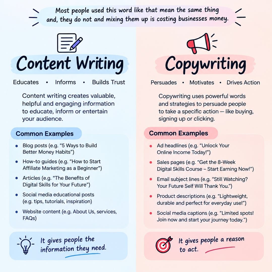 NoraOnomor's tweet photo. Content writing/copywriting 

Content writing builds trust with time 
Copywriting tells you to take action right now 

Content is the friend raving about a restaurant 
Copy is the menu that makes you say "I ll have that "which comes easier to you 

#contentwriting #copywriting https://t.co/DVaKcDQaLI