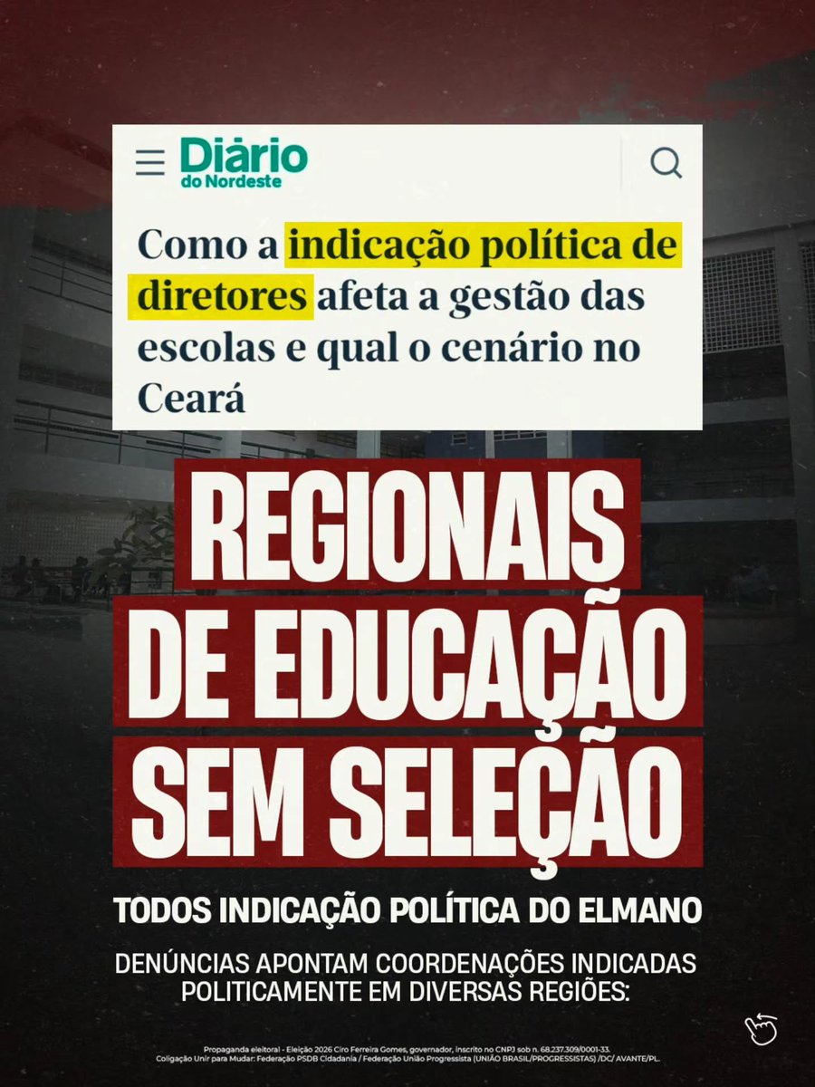 cirogomes's tweet photo. Ciro falou no debate e Elmano disse que era mentira.

AQUI ESTÁ A LISTA DAS INDICAÇÕES POLÍTICAS NA EDUCAÇÃO NO CEARÁ.

A educação está caindo de qualidade por esse motivo. https://t.co/B4LReP8i8N