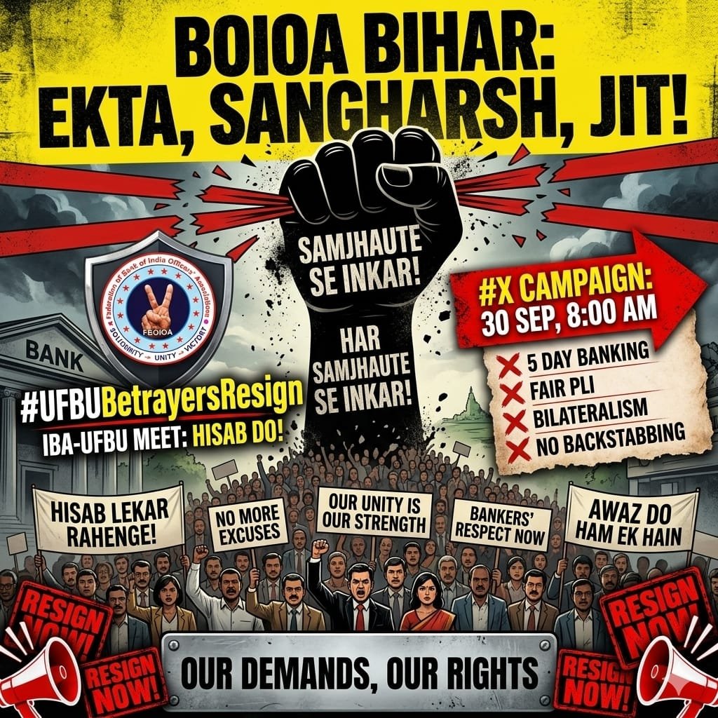 GaneshP60977611's tweet photo. 27 September की रात 9:30 बजे strike defer हुई, जबकि bankers Sunday duty के बाद 3day strike के लिए तैयार थे। अब सवाल सीधा हैक्या मिला किस शर्त पर मिला और members से बिना व्याप consultation फैसला क्यों हुआ? जवाब चाहिए। #UFBUBetrayersResign #5DaysBanking
@ChVenkatachalam @UFBUIndia https://t.co/KGIbG3ah0U
