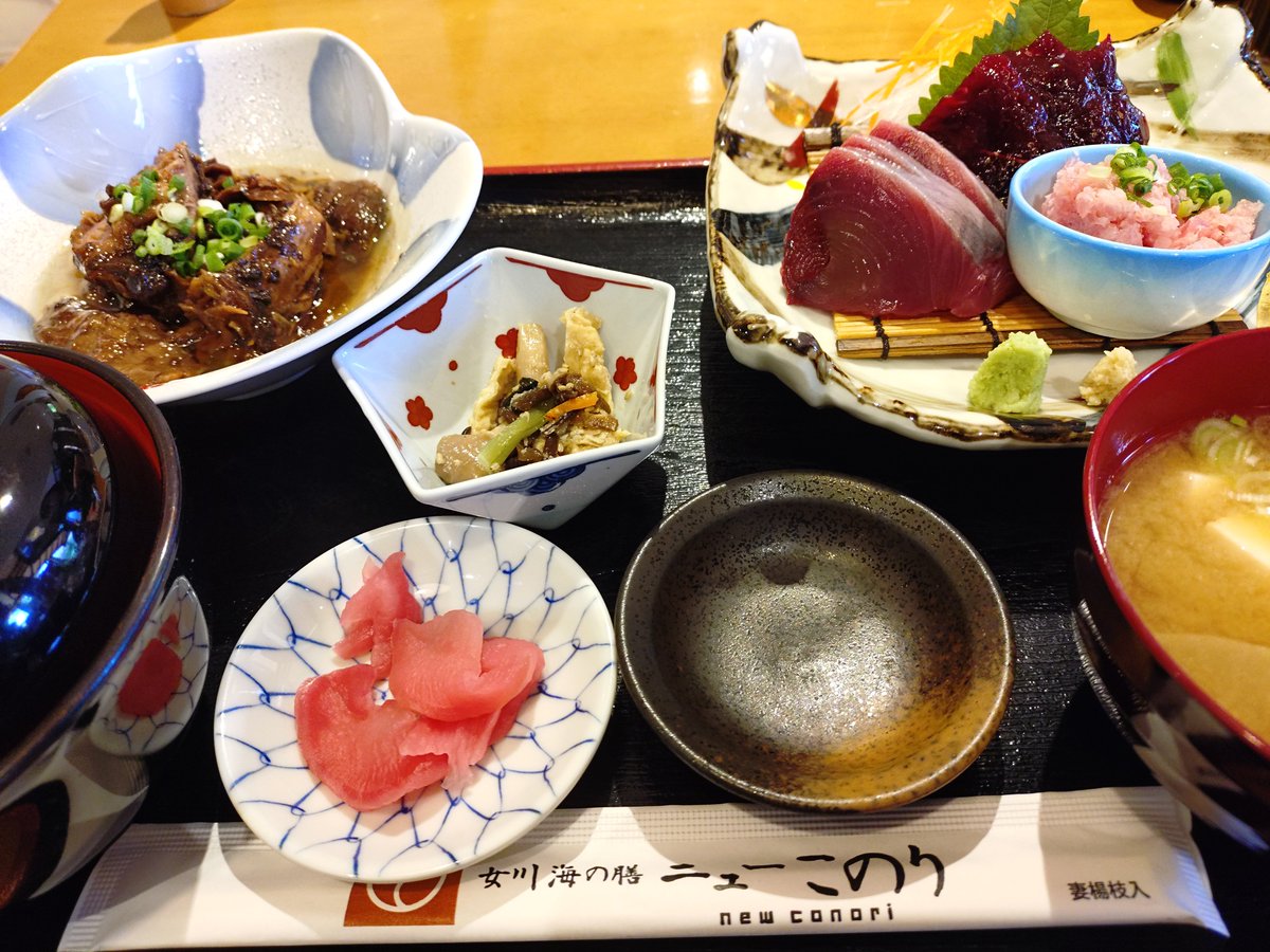 gomasaba_Hades's tweet photo. 漁師定食（鮪のカマ煮＆鰹と鯨の刺身）秋刀魚目当てで来たのだけど、まだ入ってなかった 残念😭　次の機会に期待 https://t.co/6CsKh4lL8L